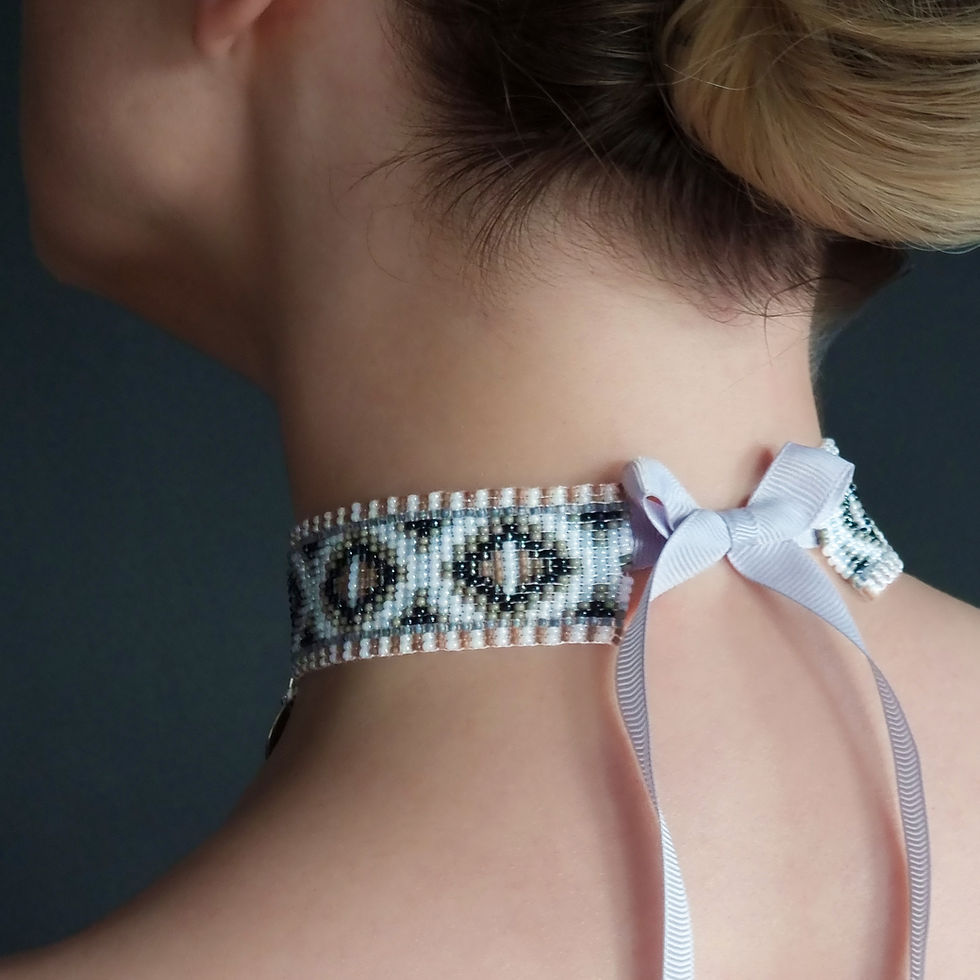 Thumbnail: Back view of Light Grey Beaded Choker Necklace with Coin Charms tied neatly at the back.