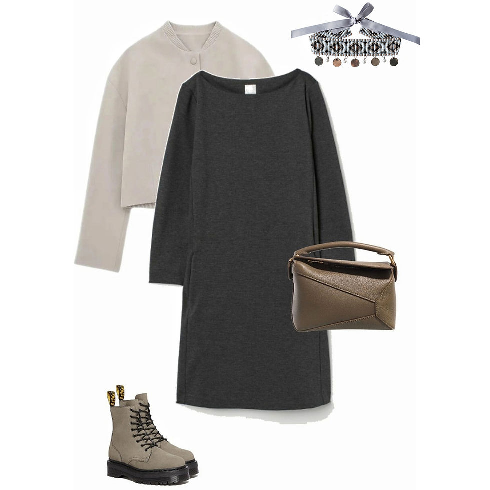 Thumbnail: Worn with a grey midi dress and beige accessories.