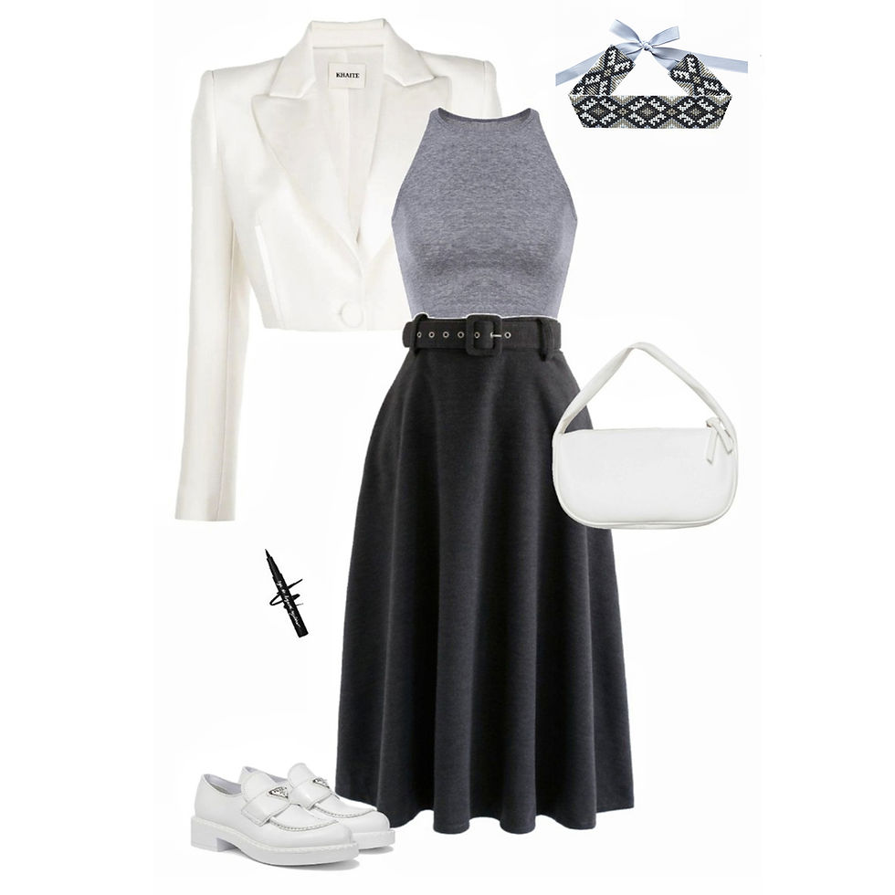 Thumbnail: Paired with a black skirt, a grey top, and a white blazer.