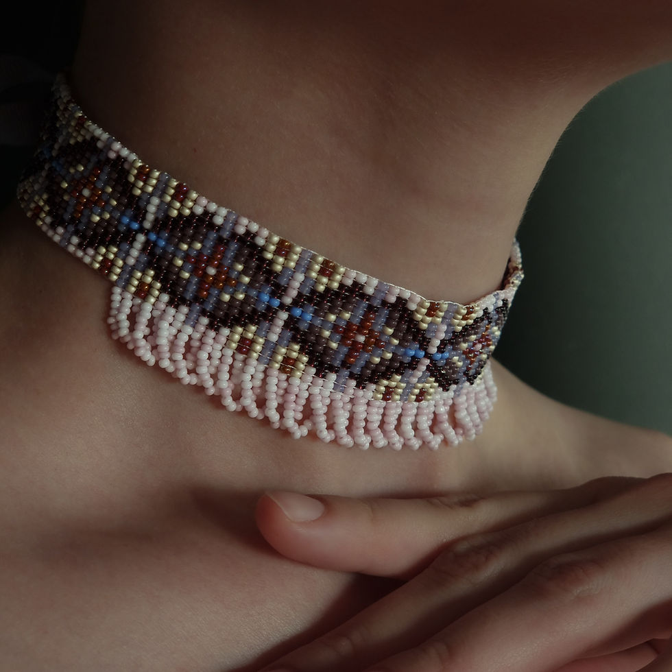 Close-up of the Light Pink Beaded Choker Necklace, highlighting the delicate beadwork and soft pastel tones.