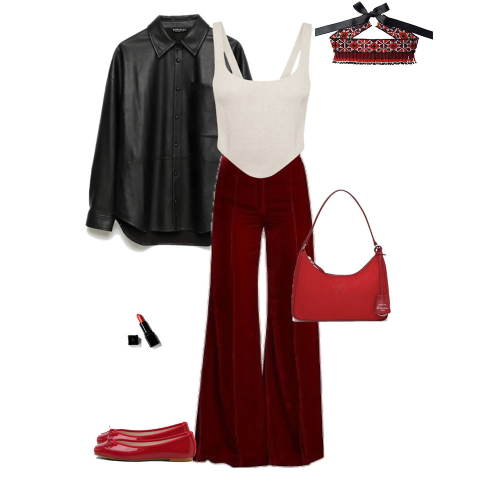 Thumbnail: Styled with burgundy trousers, a white corset, and a black shirt.