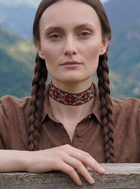 Detailed beadwork on a handcrafted choker necklace.