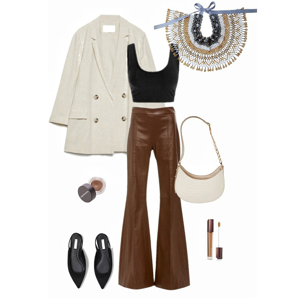 Thumbnail: White and Gold Beaded Collar Necklace styled with brown trousers and a black top.