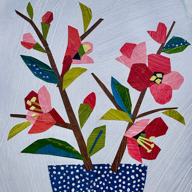 Blue Bowl with red flowers Painted paper collage