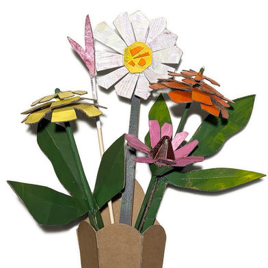 wall mounted 3D Sculpture of flowers in vase made of Painted cardboard