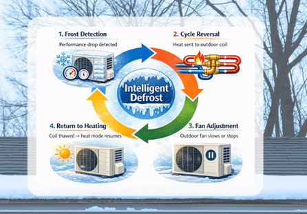 Diagram showing an intelligent heat pump defrost cycle in winter, including frost detection, cycle reversal, fan control, and return to heating mode.
