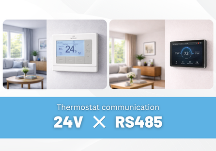 Comparison between a traditional 24V thermostat and an RS485 communication controller, illustrating different control options for HVAC systems.