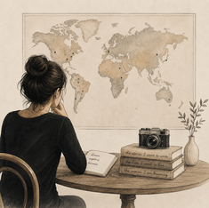 a woman looking at a map of the world