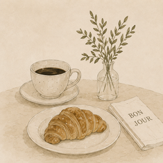 A coffee and croissant on a cafe table