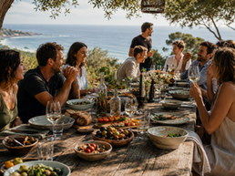A group of people having a meal at an outdoor table