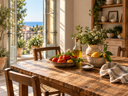 A dining table with a bowl of tomatoes and olive oil