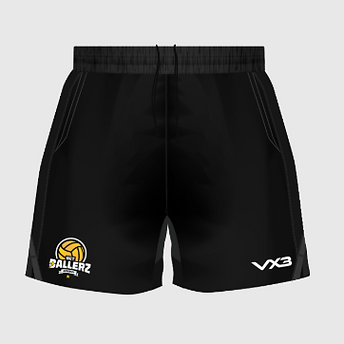 Black Ballerz shorts with logo and VX3 symbol, simple design for sport.