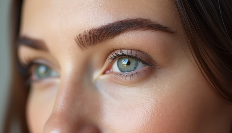 Nahaufnahme einer modernen Augenbrauenpigmentierung mit Ombrebrows-Technik