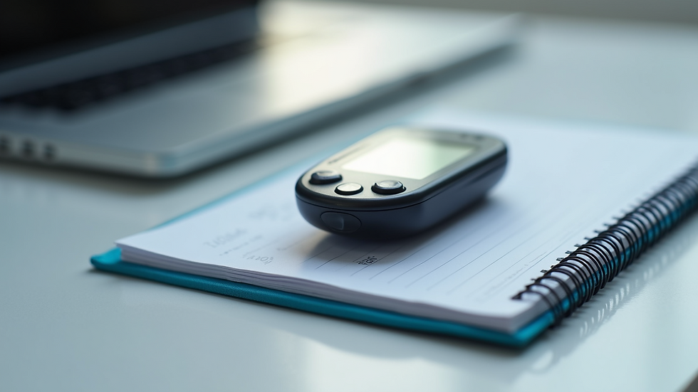 Eye-level view of a modern glucose meter beside a notepad for tracking