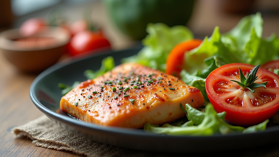 Close-up view of a balanced meal with vegetables and lean protein