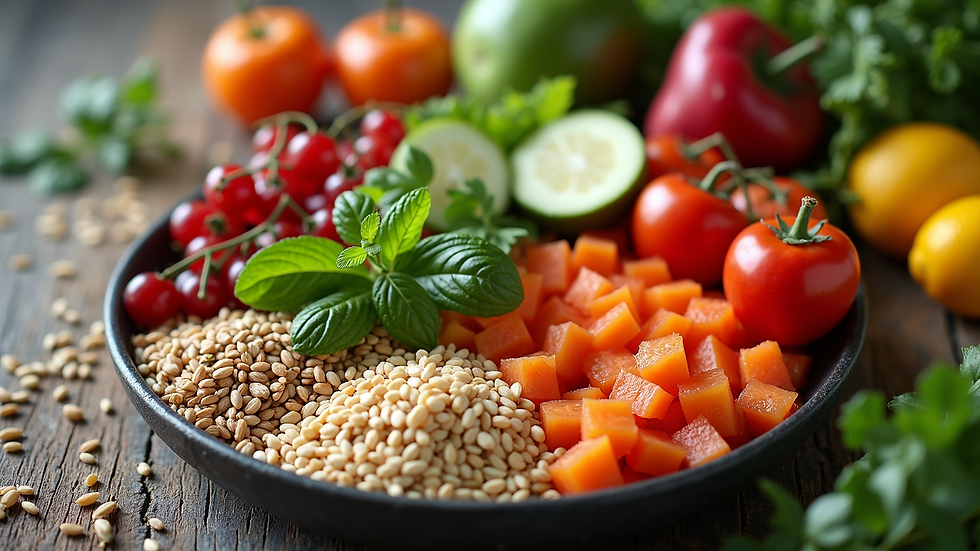 High angle view of a healthy diet spread featuring fruits, vegetables, and grains