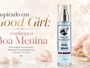Frasco do Body Splash Boa Menina da Lunna Luz Aromas, inspirado em Good Girl, sobre fundo claro com pétalas.