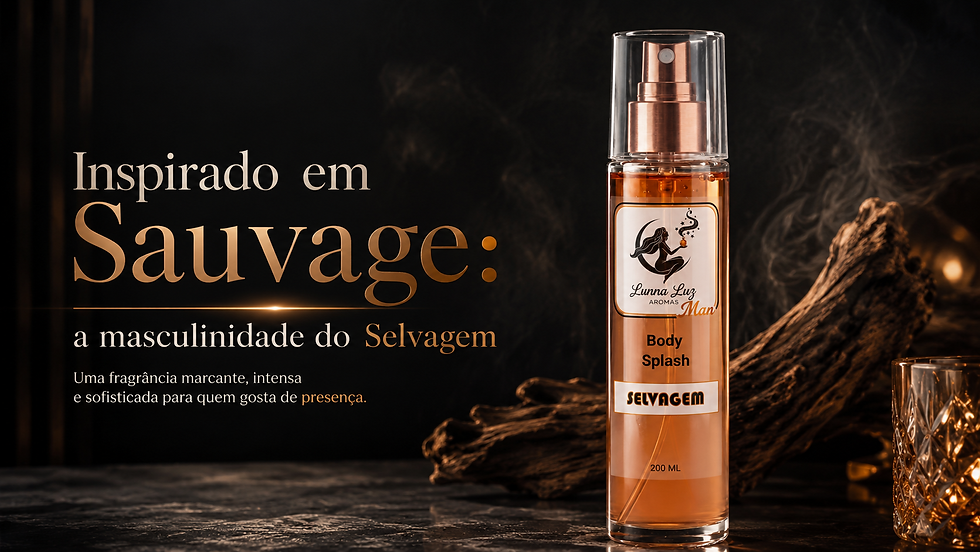 Frasco do Body Splash Selvagem da Lunna Luz Aromas, fragrância masculina amadeirada inspirada em Sauvage