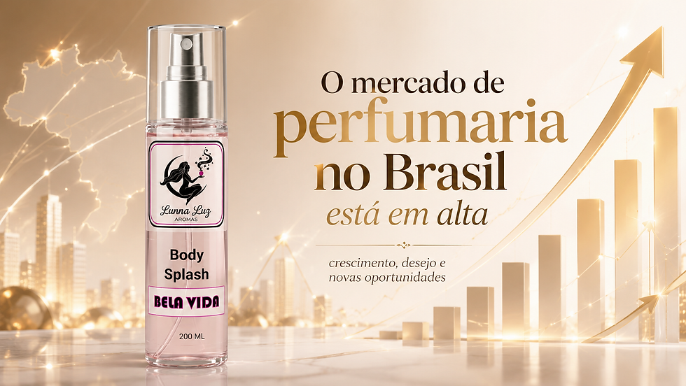 Frascos de perfume Lunna Luz Aromas com elementos gráficos representando o crescimento do mercado de perfumaria no Brasil.