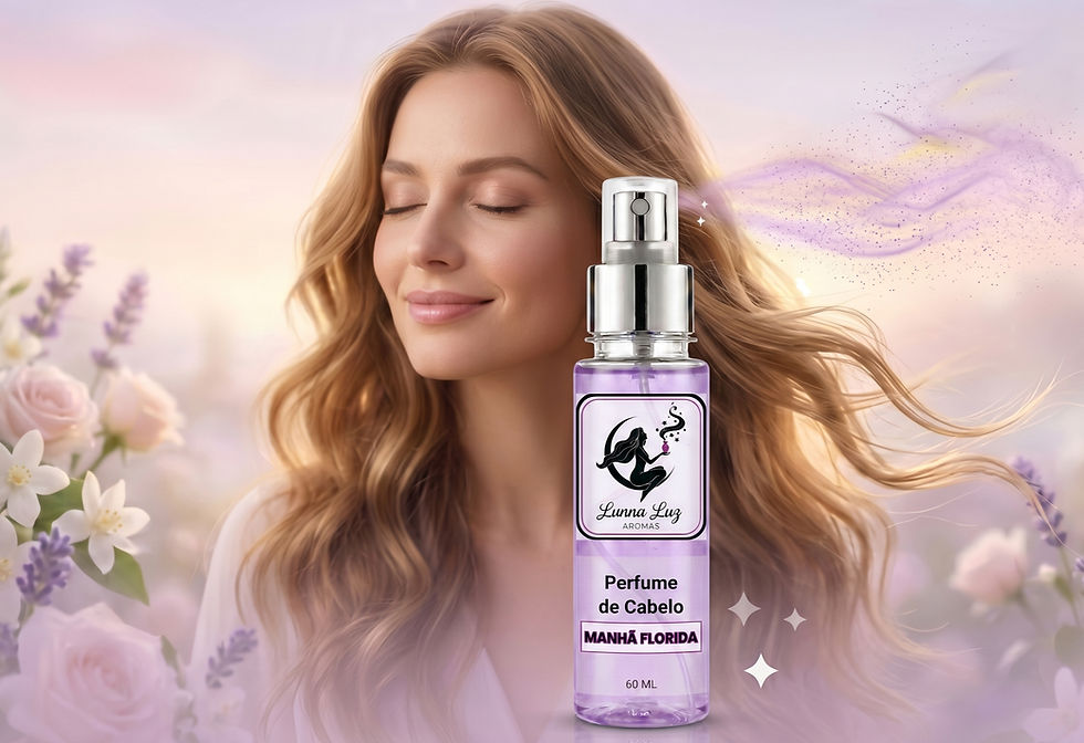 Frasco de perfume para cabelos Manhã Florida e uma jovem com os cabelos ao vento.