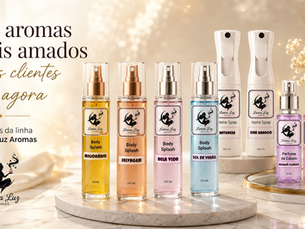 Seleção de produtos favoritos da linha Lunna Luz Aromas, incluindo Body Splash, Perfume de Cabelo e Home Spray.