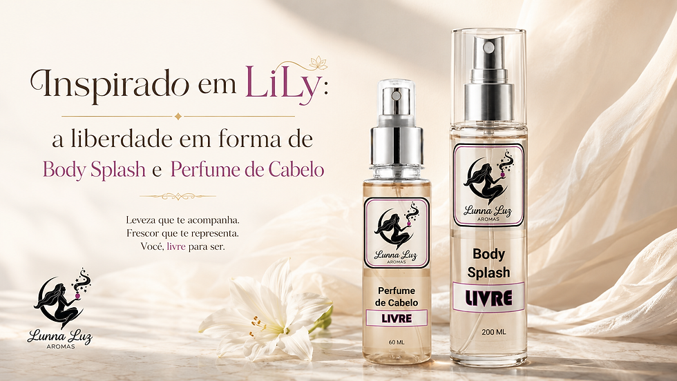 Body Splash e Perfume de Cabelo Livre da Lunna Luz Aromas sobre superfície de mármore claro, com flor branca e tecido leve ao fundo, transmitindo sensação de liberdade.