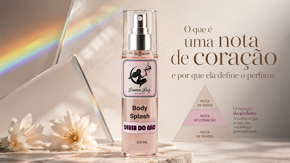 still artístico de um frasco de Body Splash Lunna Luz Aromas com um prisma de luz suave separando cores, remetendo à ideia de camadas e pirâmide olfativa.