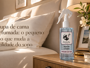 Cama perfumada com frasco de Água de Lençóis Lunna Luz Aromas sobre o criado-mudo.