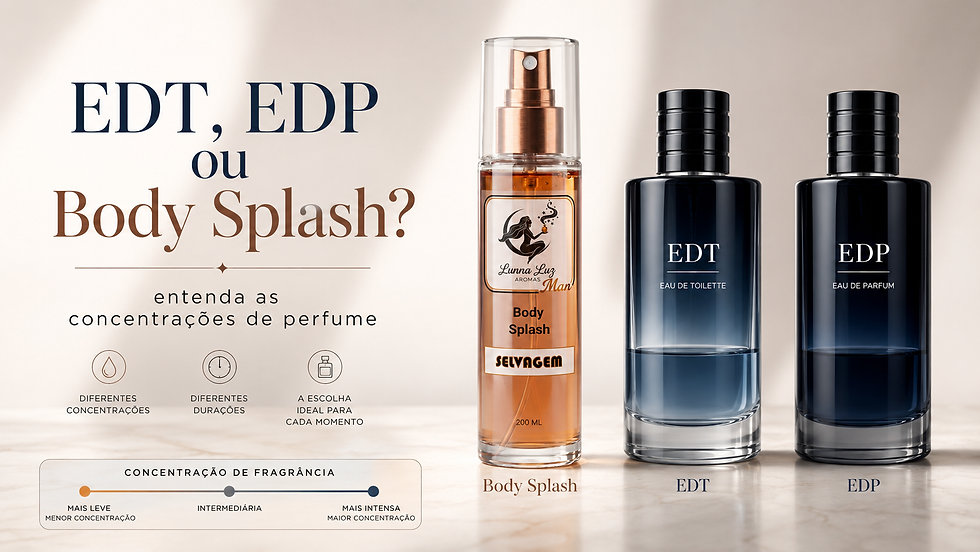 Comparação visual entre frascos de Body Splash, EDT e EDP representando as diferentes concentrações de perfume.