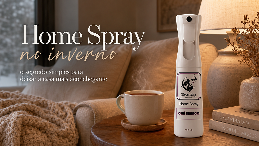 Frasco do Home Spray Lunna Luz Aromas sobre mesa de madeira em sala de estar aconchegante de inverno.