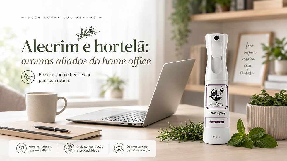 Home Spray Natureza Lunna Luz Aromas em uma mesa de home office