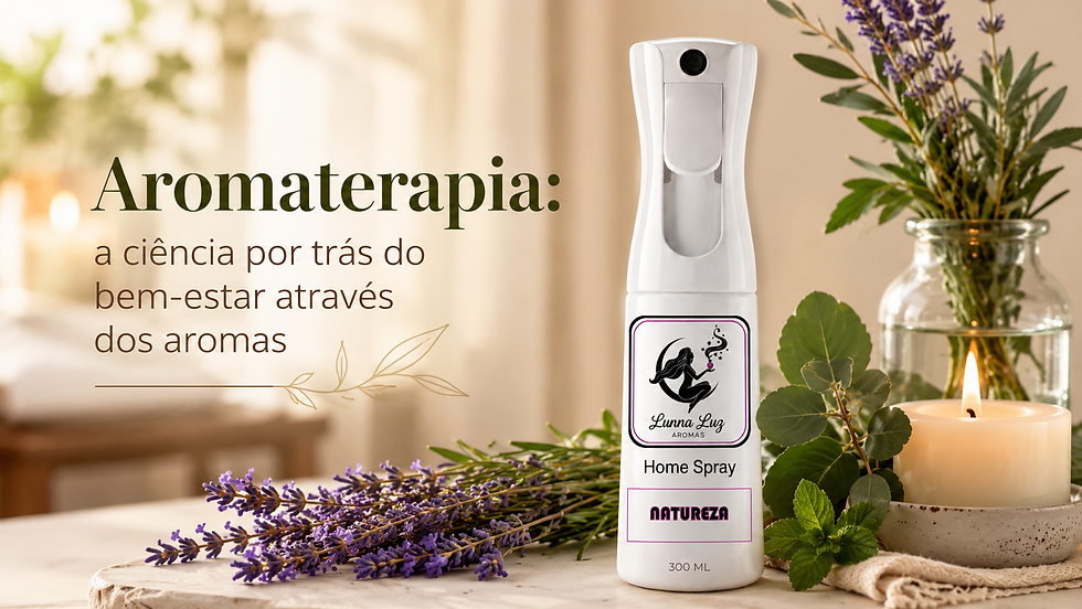 Produto Lunna Luz Aromas ao lado de ramos de lavanda e vela acesa, ilustrando os benefícios da aromaterapia para o bem-estar.