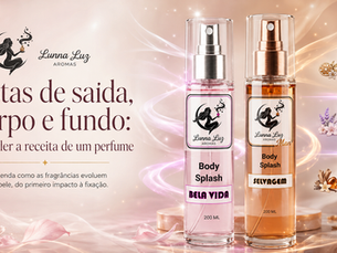 À direita dois frascos de Body Splash Lunna Luz Aromas (o feminino Bela Vida e o Masculino Selvagem. À direita destes frascos breves resumos do que são Notas de Saída, Notas de Corpo e Notas de Fundo. À esquerda dos frascos, texto com o título do Post e a logomarca Lunna Luz Aromas na parte superior do texto.