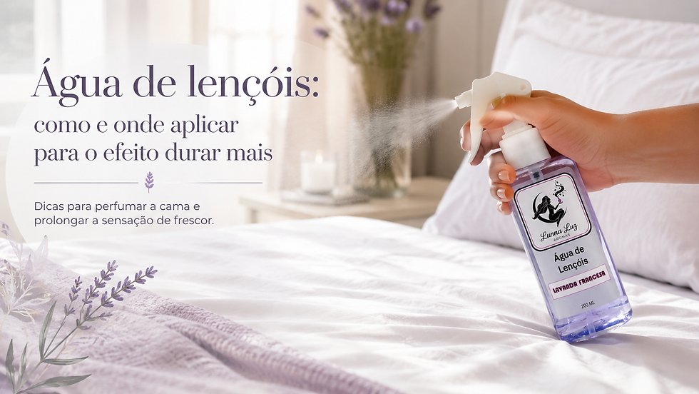 Frasco de Água de Lençóis Lavanda Francesa da Lunna Luz Aromas sendo borrifado sobre um lençol branco.