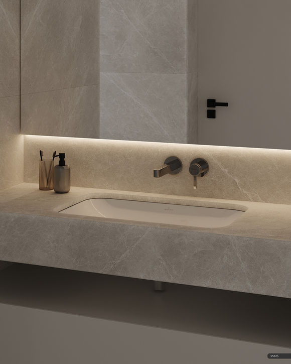 Современный интерьер ванной комнаты в квартире на улице Гагарина в Зеленоградске, Калининградская область.