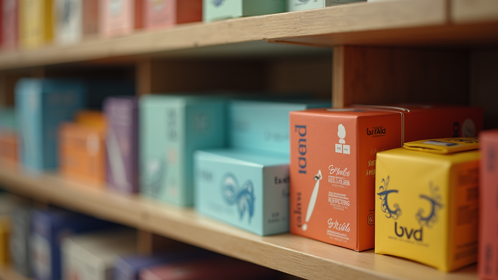 Eye-level view of a variety of colorful, custom-printed packaging boxes arranged neatly on a display shelf