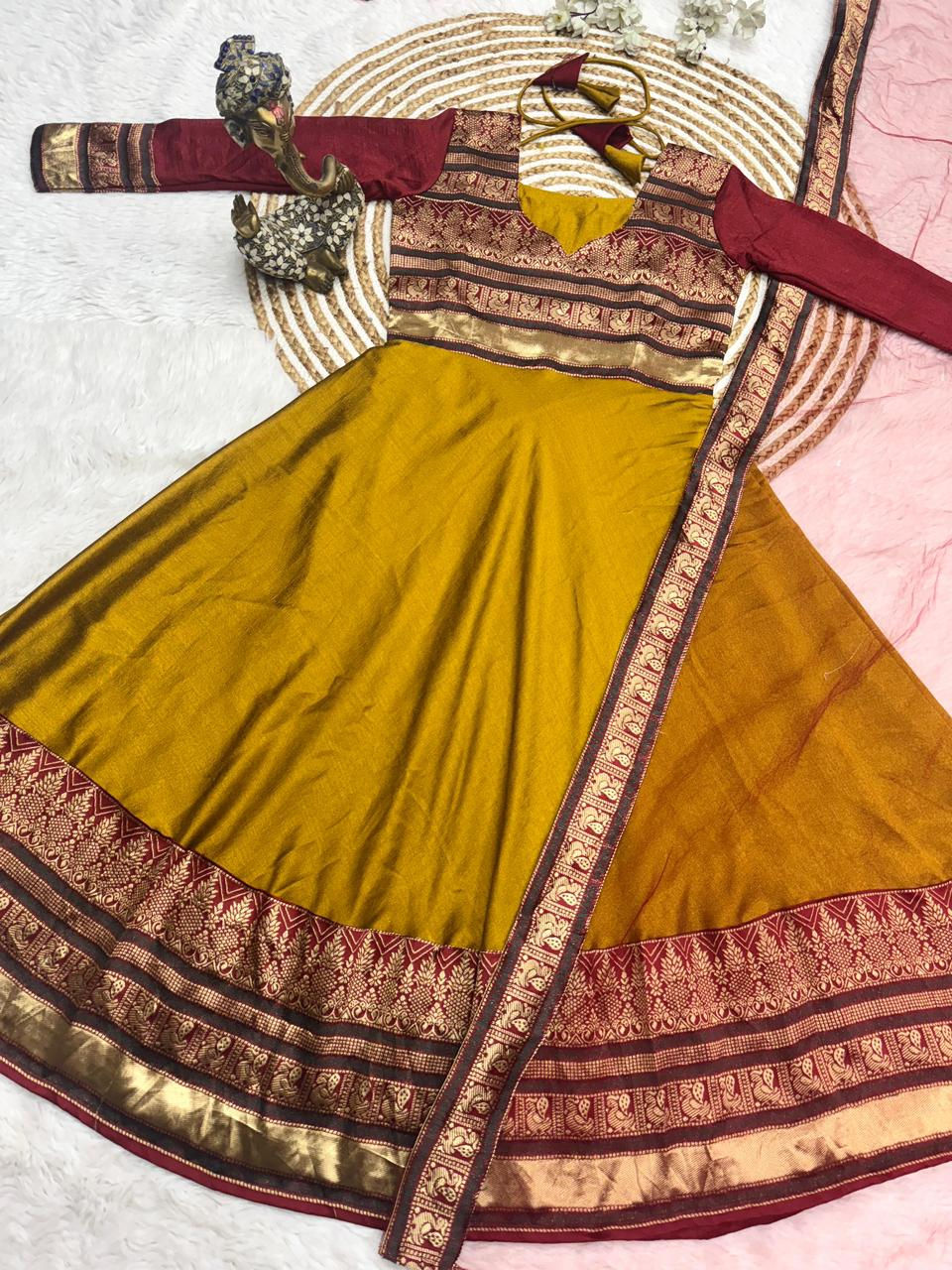 Thumbnail: Vichitra Silk Anarkali Gown with Jacquard Zari Border & Soft Net Dupatta