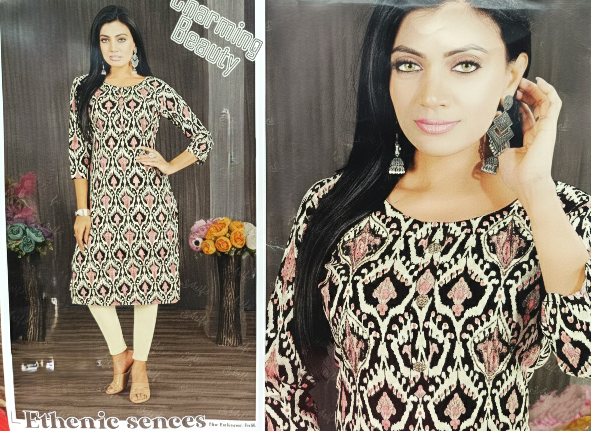 Charming Beauty: Printed Rayon Kurti (Black, Off-White & Pink)