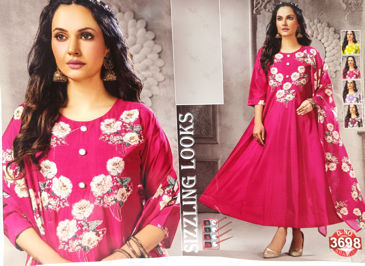 Party Wear Magenta Pink Floral Anarkali Set for Women – Traditional Ethnic Gown