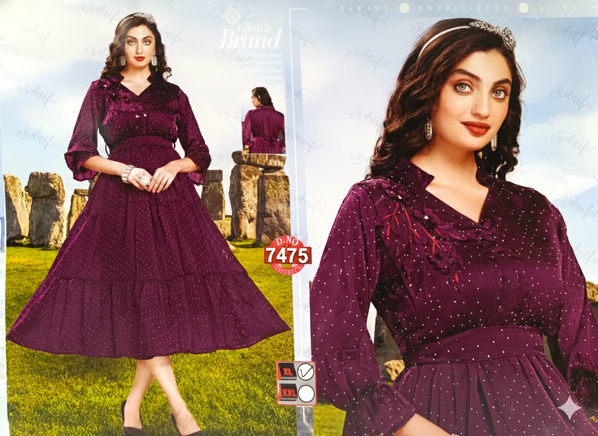 Rich Wine Colour Ruffle Sleeve Embellished Gown