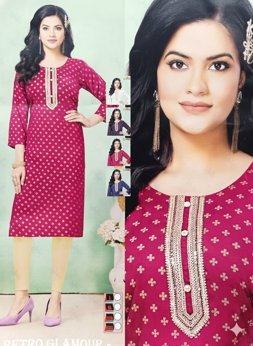 Elegant Pink Kurti with Gold Print and Designer Yoke