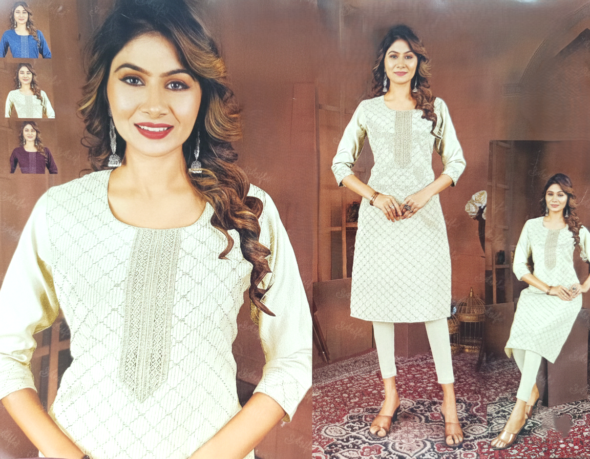 Half White Cotton Straight Kurti with Embroidery