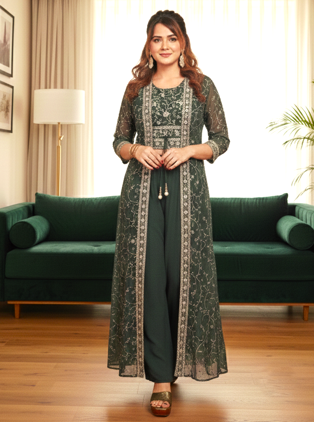 Thumbnail: Elegant Bottle Green Indo-Western Shrug Set with Embroidered Crop Top & Palazzo