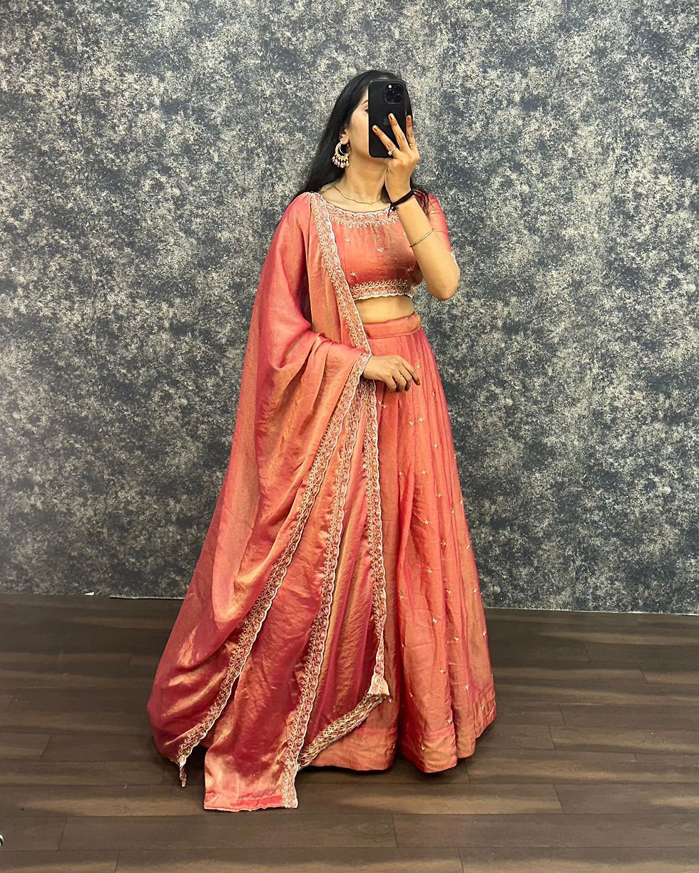 Thumbnail: Elegant Primary Tissue Silk Lehenga Choli Set - Embroidery & Sequin Work