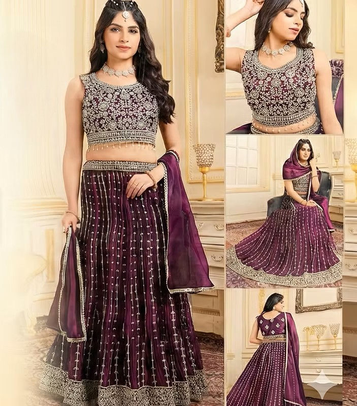 Wine Silk Blend Sleeveless Lehenga Choli with Heavy Sequin Embroidery & Dupatta