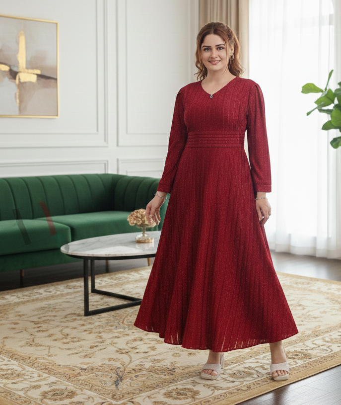 Elegant Long-Sleeve Red V-Neck Western Wear Dress