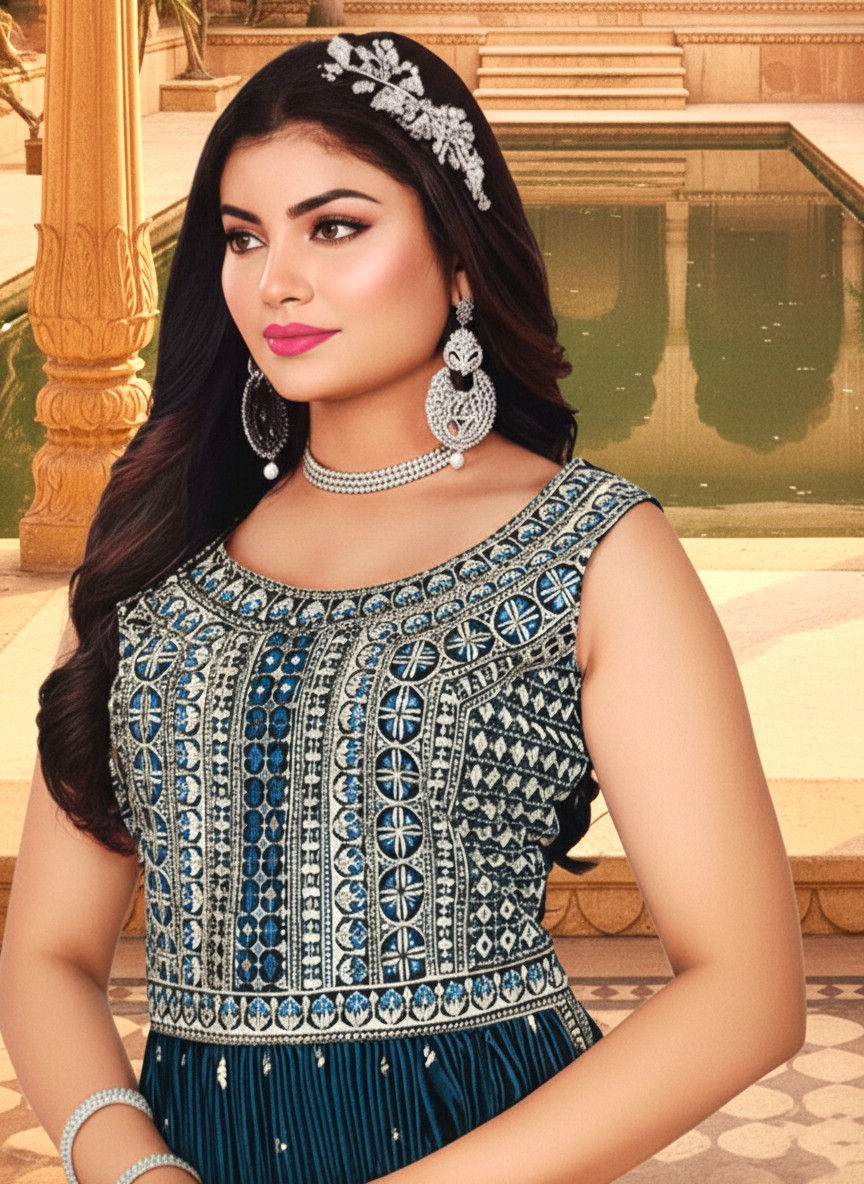 Thumbnail: Teal Blue Embroidered Peplum Kurti with Pleated Sharara Set