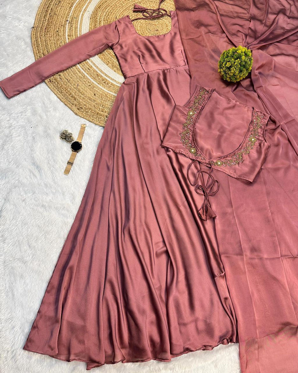 Thumbnail: Rangoli Silk Gown Set – Handwork Overcoat & Dupatta