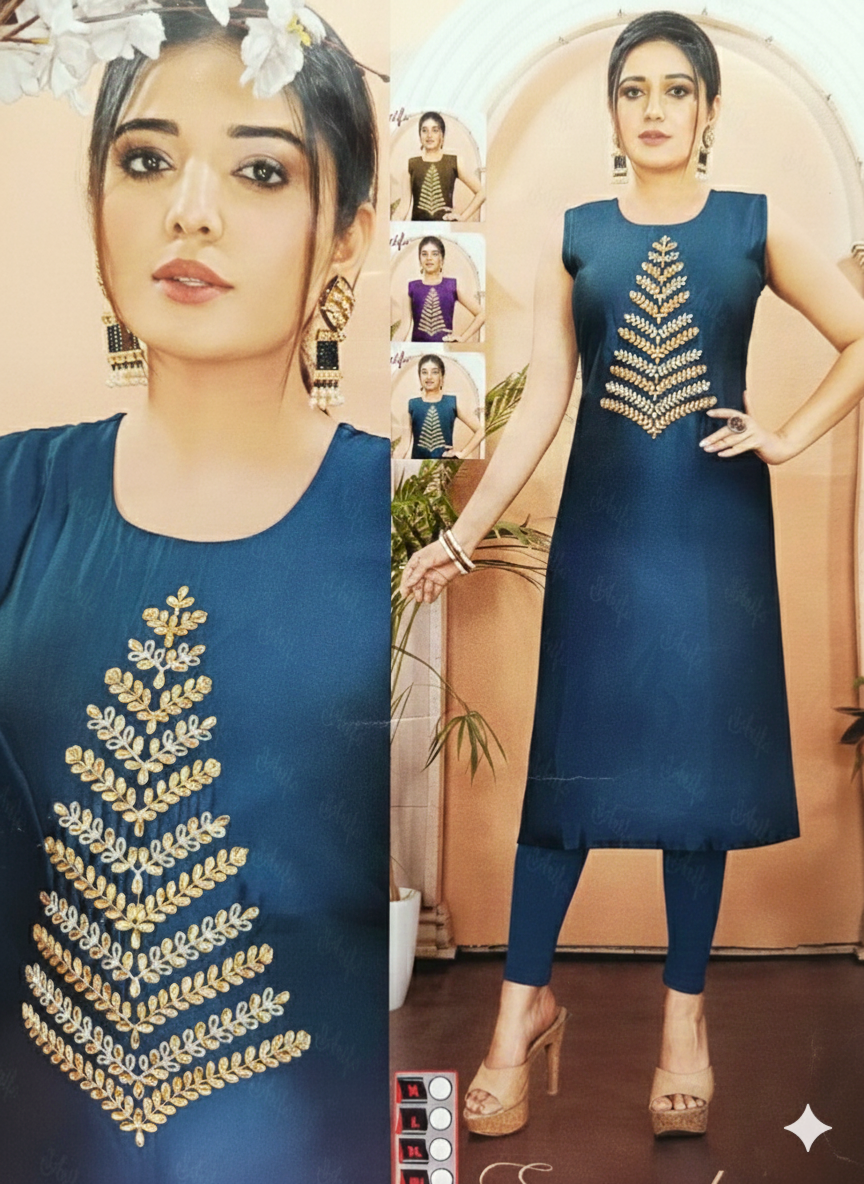 Elegant Teal Blue Sleeveless Kurti with Golden Leaf Embroidery