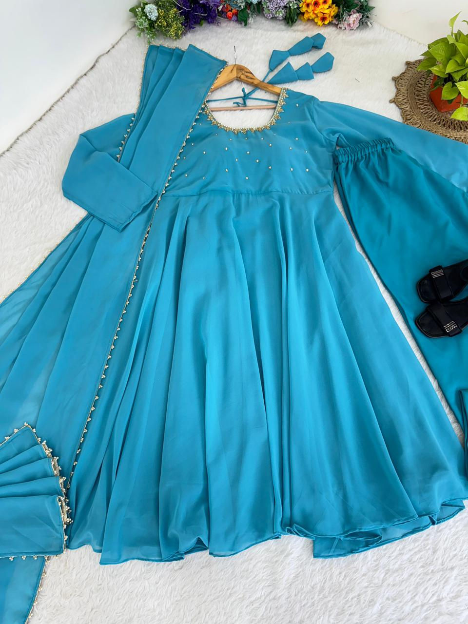 Thumbnail: New Partywear Faux Georgette Full Sleeves with Embroidery Work Anarkali Set